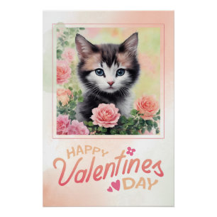 Poster Heureuse Sainte-Valentin Kitten Peach Roses