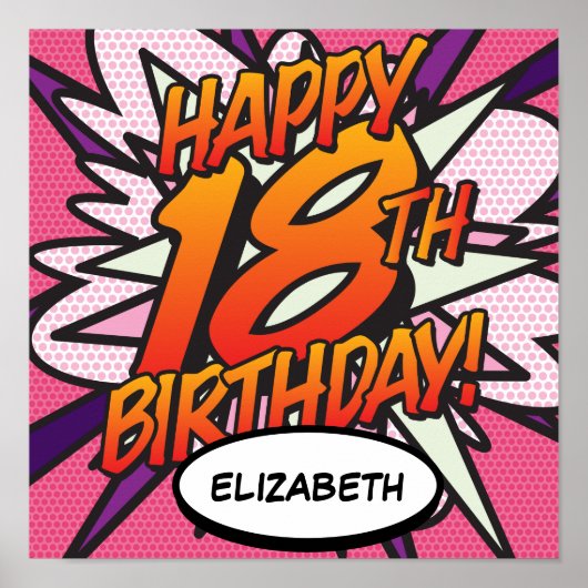 Poster HEUREUX 18E ANNIVERSAIRE BD Livre Pop Art rose (Devant)