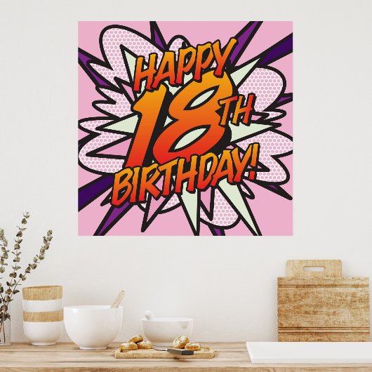 Poster HEUREUX 18E ANNIVERSAIRE Fun Retro Comic Book Pop  (Cuisine)