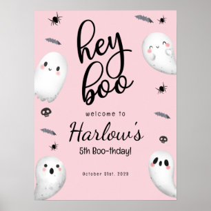 Poster Hey Boo Pink Ghost Halloween Bienvenue Anniversair