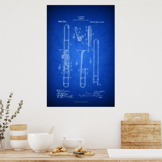 Poster Hi res Trombone Patent art Blueprint style (Cuisine)