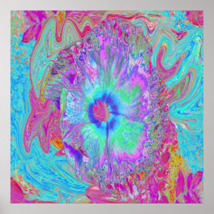 Poster Hibiscus Bleu Psychedelique Rétro Arc-en-ciel