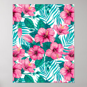 Poster Hibiscus et palmiers feuilles