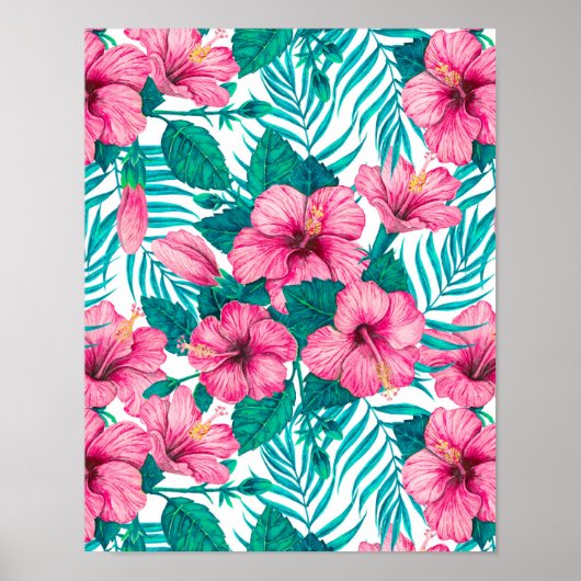 Poster Hibiscus et palmiers feuilles (Devant)