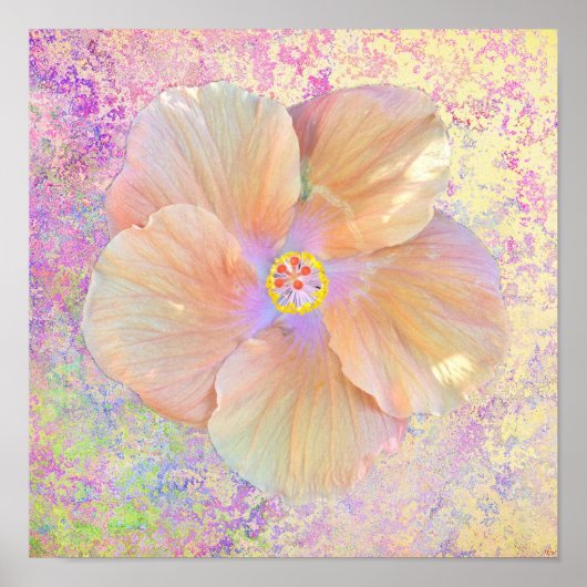 Poster Hibiscus fleur tropicale iridescente look or rose (Devant)