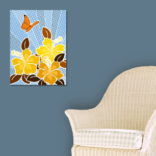 Poster Hibiscus jaune et papillon ciel bleu Style Pop-art