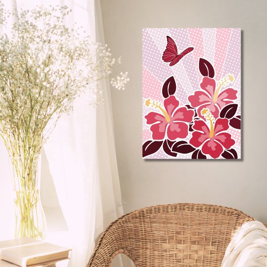 Poster Hibiscus rose et papillon rose en floraison