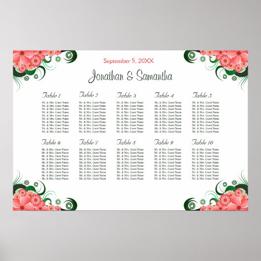 Poster Hibiscus rose Mariage 10 tables Cartes de sièges (Devant)