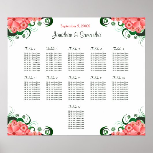 Poster Hibiscus rose Mariage 11 Tables Cartes de siège (Devant)