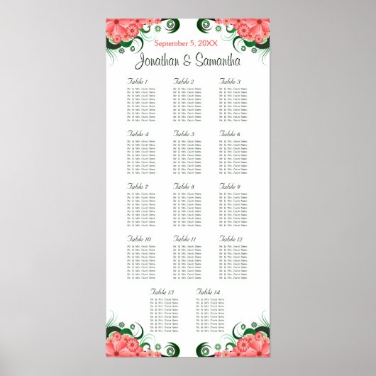 Poster Hibiscus rose Mariage 14 Tables Cartes de sièges (Devant)