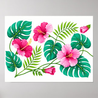 Poster Hibiscus rose tropical et feuilles de Monstera