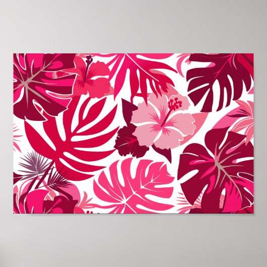 Poster Hibiscus rose tropical et Motif Feuille de Monster (Devant)