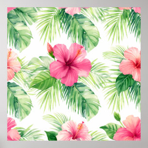 Poster Hibiscus rose tropical palmier aquarelle