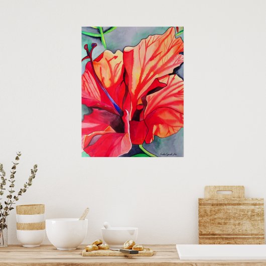 Poster Hibiscus rouge fleurs tropicales aquarelle art (Cuisine)