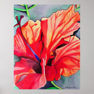 Poster Hibiscus rouge fleurs tropicales aquarelle art