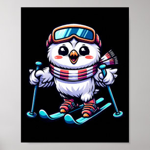 Poster Hibou blanc skiant chouette skieuse mignonne
