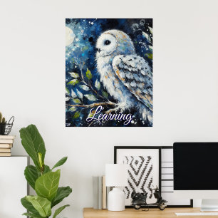 Poster Hibou blanc sur branche clair de lune papier perso
