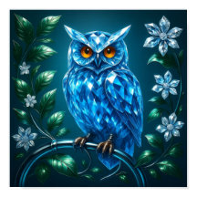 Hibou Bleu Brillantsur Branche de Laiton