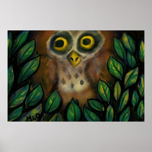 Poster Hibou dans un arbre feuillu (Devant)