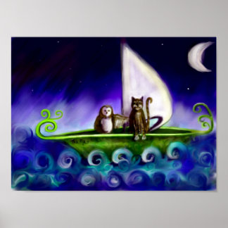 Poster Hibou et chatte Illustration irrégulière