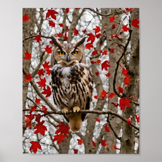 Poster Hibou et feuilles d'érable (Devant)