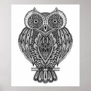 Poster Hibou fleuri tiré par la main inspiré 2
