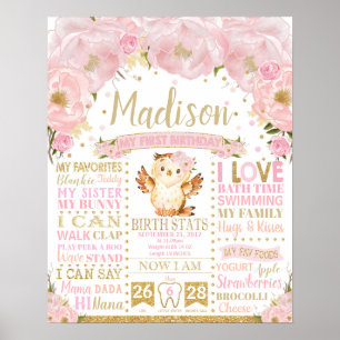 Poster Hibou Floral Rose Jalons de 1er Anniversaire Stati