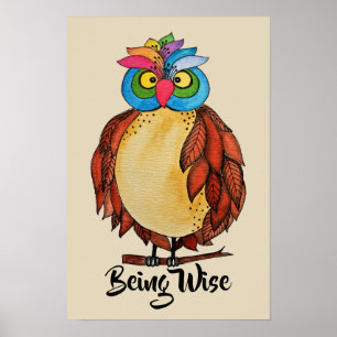 Poster Hibou magique d'aquarelle avec des plumes