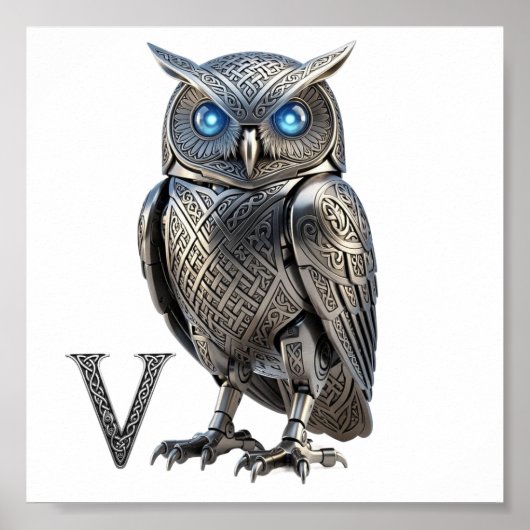 Poster Hibou mécanique celtique argent Steampunk (Devant)