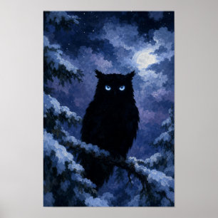 Poster Hibou noir dans une nuit enneigée