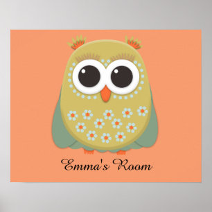 Poster Hibou orange vert jaune mignon Personnalisé