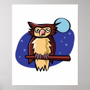 Poster hibou perché au clair de lune