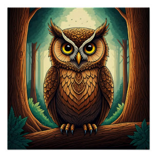 Poster Hibou perché sur une bûche d'arbre dans une forêt