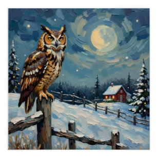 Poster Hibou vintage sur une clôture au-dessus d'un champ