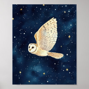 Poster Hibou volant à travers Starry Night Aquarelle Xmas