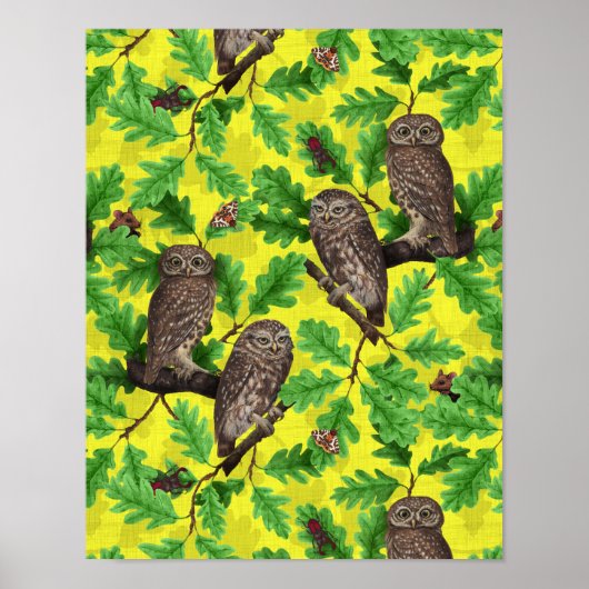 Poster Hiboux dans la forêt sur fond jaune citron (Devant)