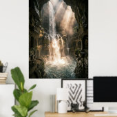 Poster Hidden Cave Waterfall Sunlight Rays (Bureau à domicile)