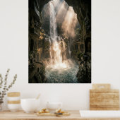 Poster Hidden Cave Waterfall Sunlight Rays (Cuisine)