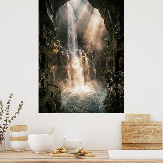 Poster Hidden Cave Waterfall Sunlight Rays (Cuisine)