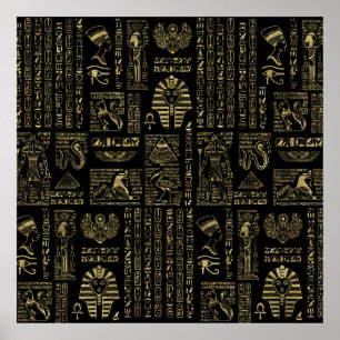 Poster Hiéroglyphes et divinités égyptiens or sur noir