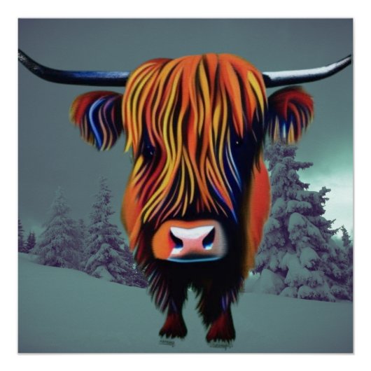 Poster Highland Cattle en arrière - plan enneigé (Devant)