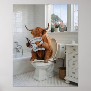 Poster Highland Cow assis sur les toilettes Lecture Salle