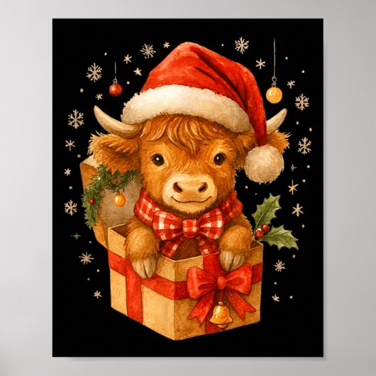 Poster Highland Cow Christmas In Box Watercolor Santa Hat (Devant)
