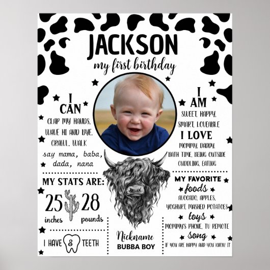 Poster Highland Cow First Birthday Milestone sign 1066 (Devant)