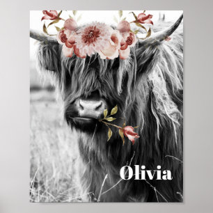 Poster Highland Cow Floral Western Cowgirl Kids Name