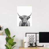 Poster Highland Cow Head Portrait noir blanc (Bureau à domicile)