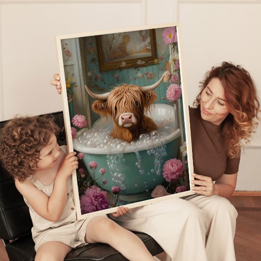 Poster Highland Cow in Floral Bathbath Art Imprimer