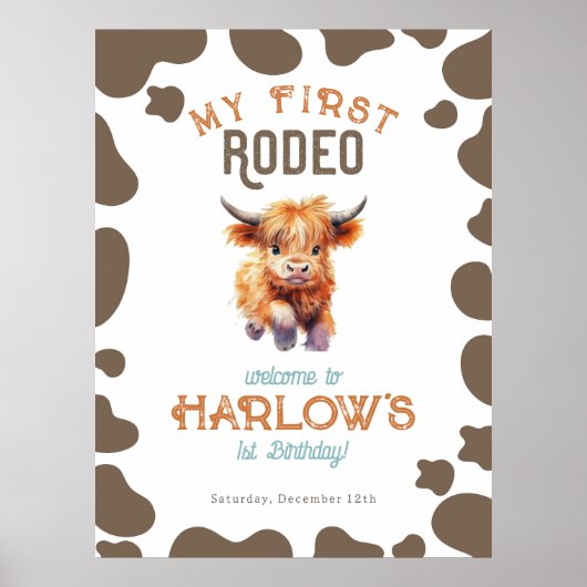 Poster Highland Cow Mon premier rodéo 1er anniversaire (Devant)