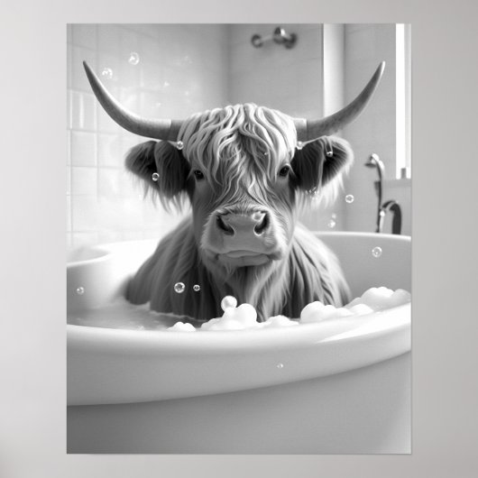 Poster Highland Cow noir et blanc image de la salle de ba (Devant)