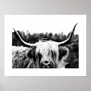 Poster Highland Cow Rustique Boho Chic noir et blanc